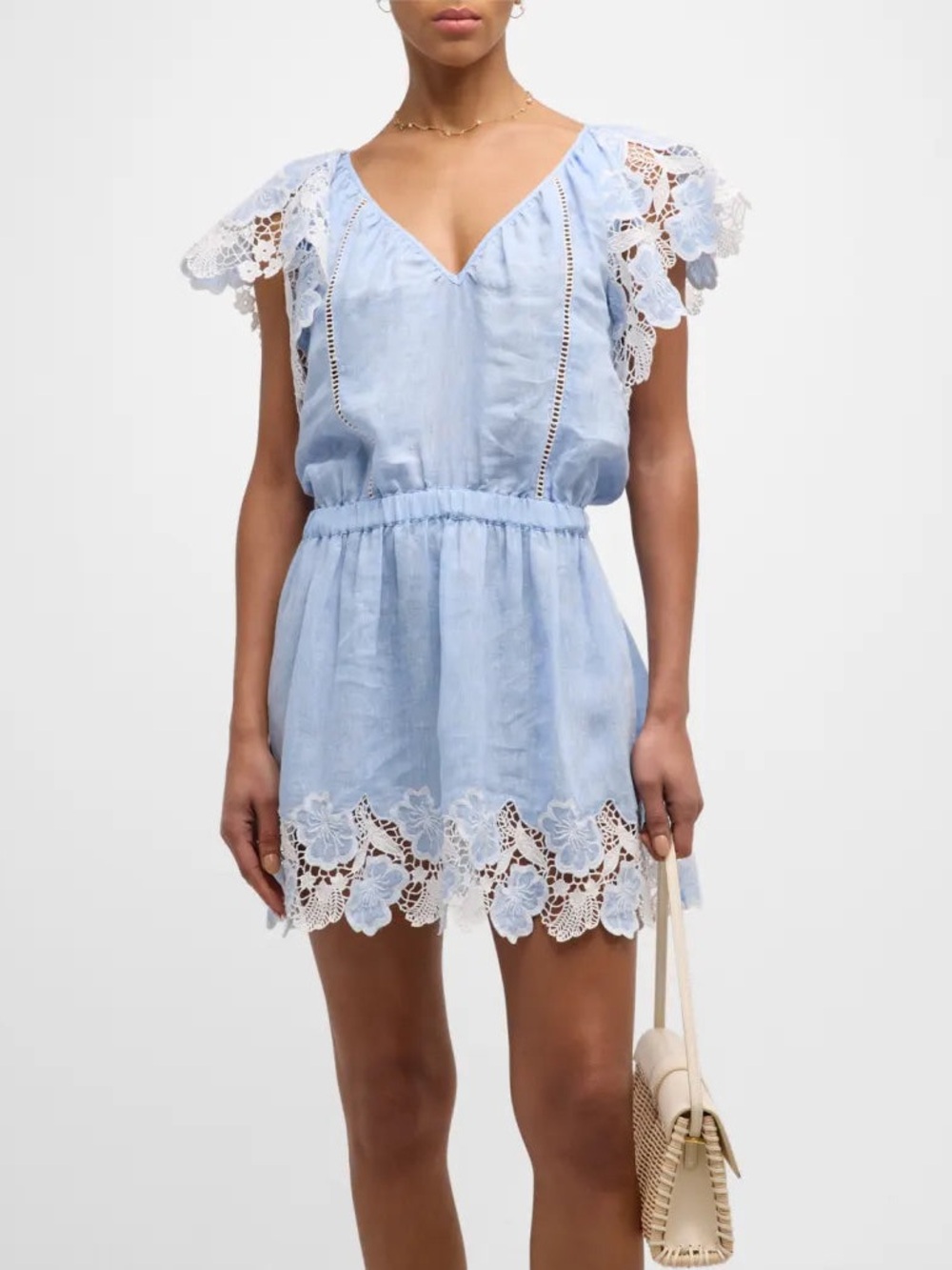 Ramy Brook Ryan Mini Dress Size S Blue White Floral Lace Linen Resort-Wear